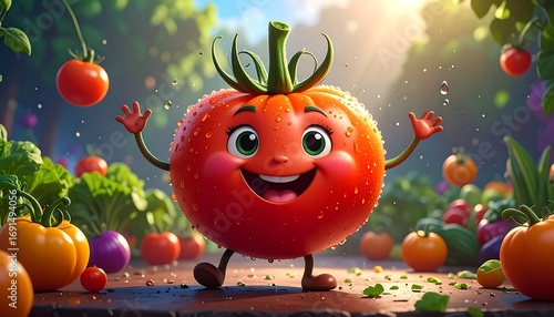 Animated tomato with happy expression in a garden setting