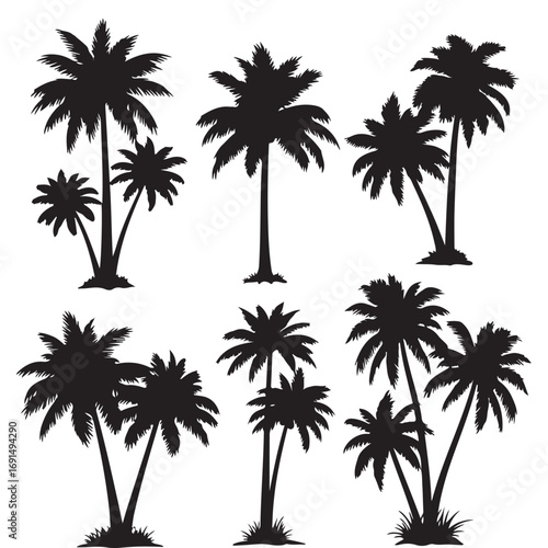Collection of black palm tree silhouettes in various arrangements
