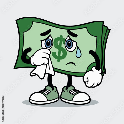 Sad money cartoon character crying with tissue financial loss and economic downturn illustration concept design