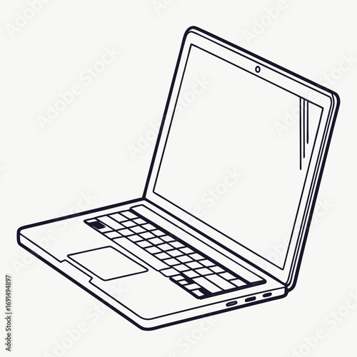 Black and white line art illustration of a laptop computer.