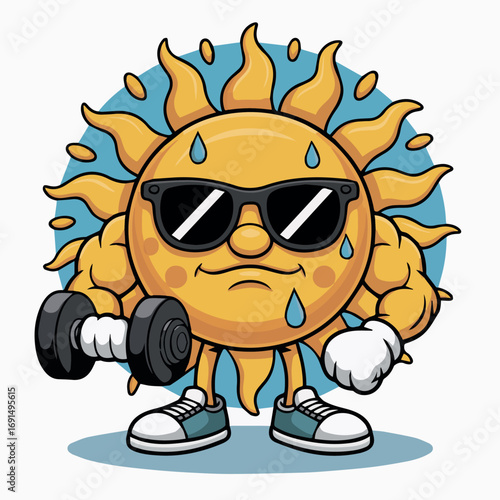 Cartoon sun character lifting weights dumbbell fitness workout gym bodybuilding strength training exercise vector