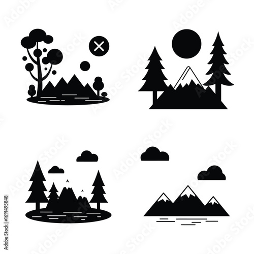 Collection of four stylized black silhouette landscapes featuring trees mountains water and sky elements