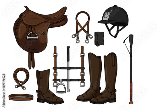 Equestrian Equipment Set: Saddle, Bridle, Helmet, Boots, and Whip