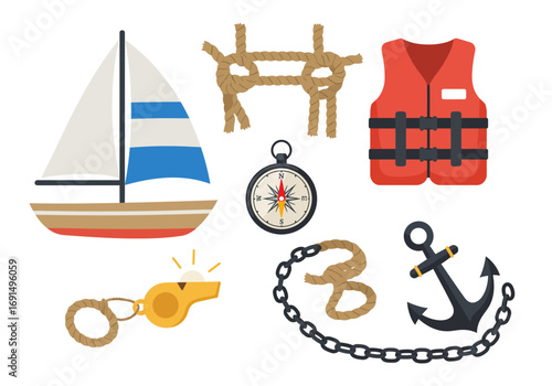 Nautical Equipment Set: Sailboat, Knot, Life Vest, Compass, Whistle, Chain, and Anchor