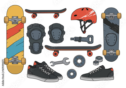 Skateboard Equipment Collection: Skateboards, Helmet, Pads, Shoes, and Tools