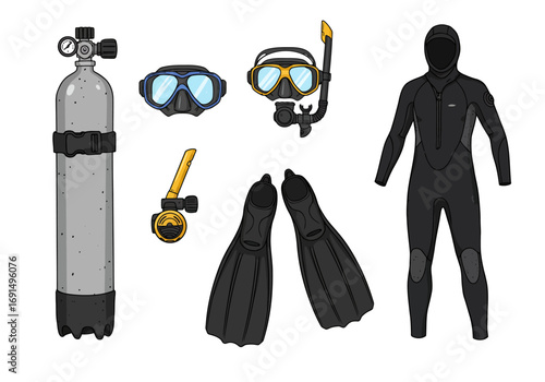 Scuba Diving Gear Set: Wetsuit, Tank, Masks, Fins, and Regulator for Underwater Exploration