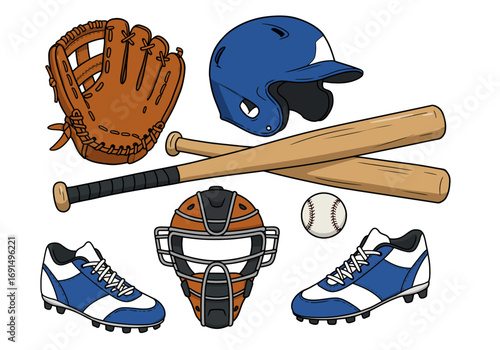 Baseball Equipment Illustration: Glove, Helmet, Bat, Mask, Ball, Shoes