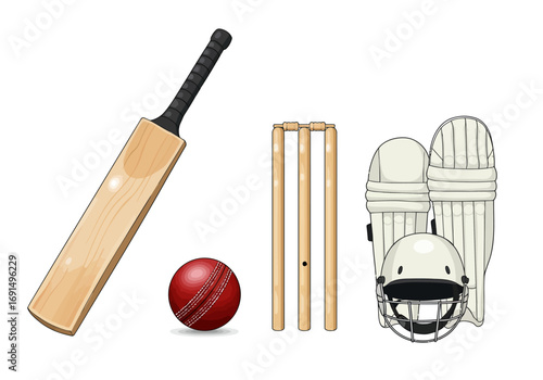 Cricket Equipment Set: Bat, Ball, Wicket, Pads, and Helmet