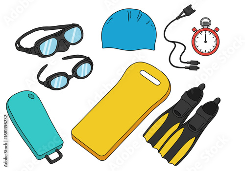 Swimming Equipment Set: Goggles, Cap, Boards, Fins, and Stopwatch
