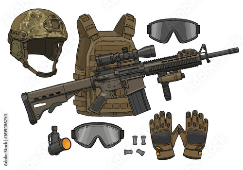 Illustrated Tactical Gear Set: Helmet, Vest, Rifle, Goggles, and Gloves