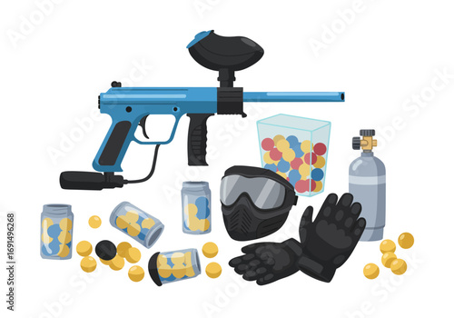 Paintball Equipment Set: Blue Marker, Mask, Gloves, Paintballs, and Air Tank