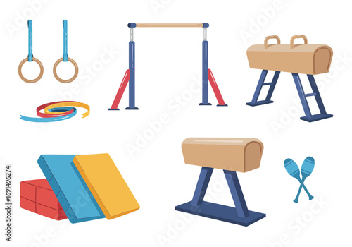 Gymnastics Equipment Set with Rings, Bars, Pommel Horse, and Mats