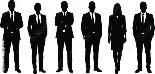 Silhouette of Business People in Formal Attire, Standing Poses, Isolated on White Background, Corporate Team Concept, Leadership and Professionalism
