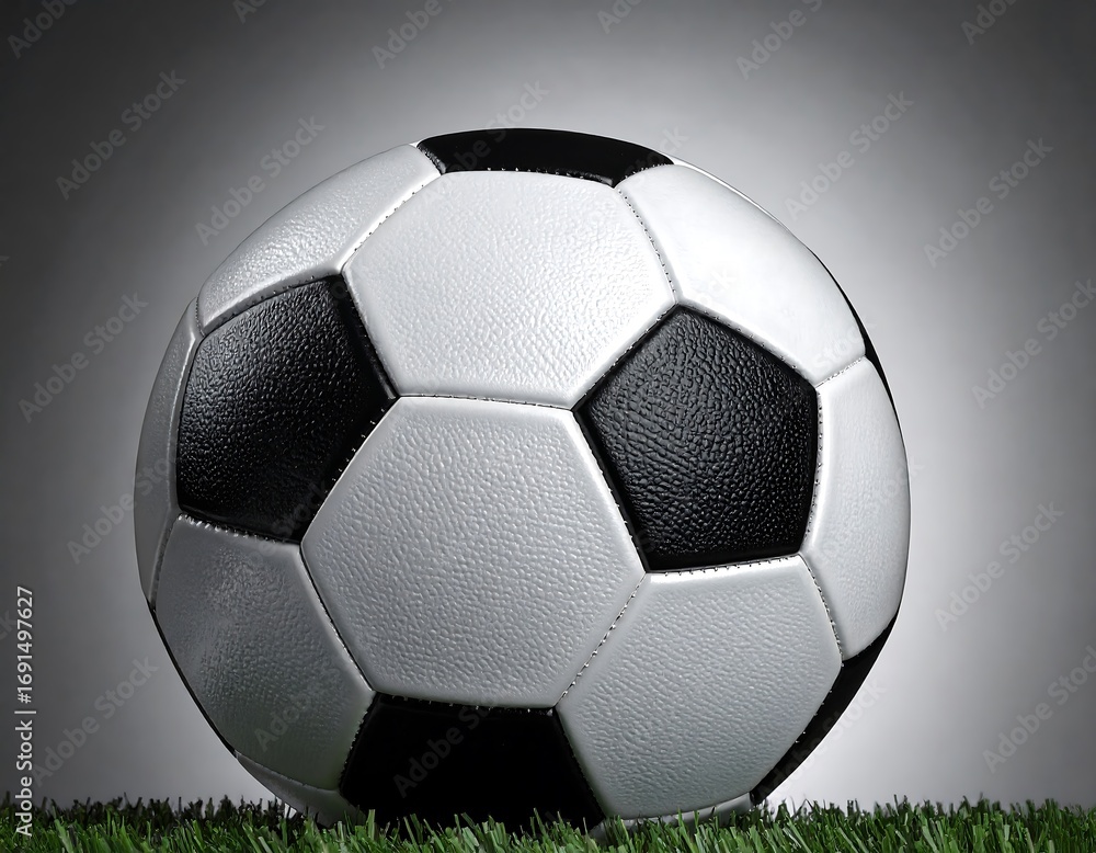 Obraz premium A classic black and white soccer ball sits on a patch of green grass against a gray background.