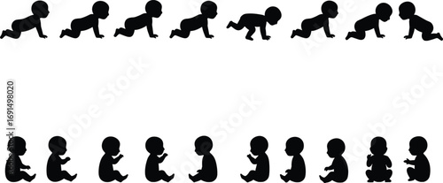 Baby silhouette vector set, crawling and sitting infant poses, child growth stages illustration, toddler development icons, newborn baby design collection