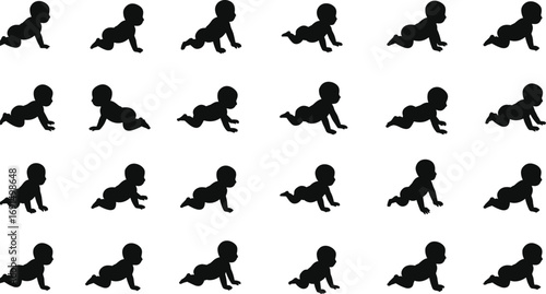 Baby crawling silhouette collection, infant activity poses, toddler movement shadow illustration, child growth vector design, newborn crawling stages icon set