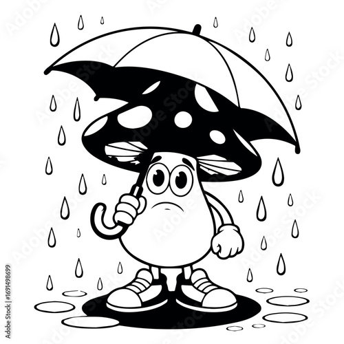 Mushroom cartoon character holding umbrella in rain vector illustration clip art drawing graphic design image