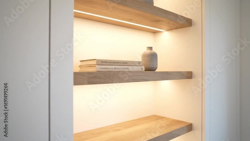 Elegant Wooden Floating Shelves Featuring Built-in Warm LED Lighting Perfect for Modern Minimalist Home Interior Design and Display