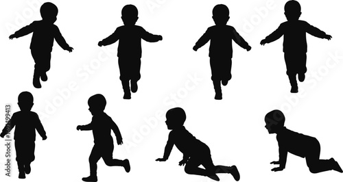 Silhouette of children running, walking, crawling, toddler activity poses, black child shadow illustration, vector design for childhood movement and play