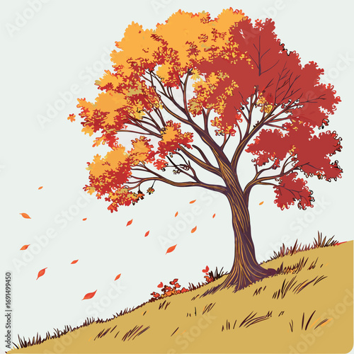 Vibrant autumn tree with falling red and orange leaves.