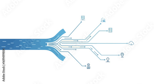 Abstract representation of data flow and digital information processing, featuring connections