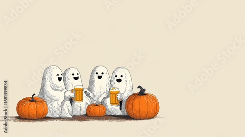 Halloween collaboration event with cheerful cartoon ghosts toasting with beer mugs and pumpkins