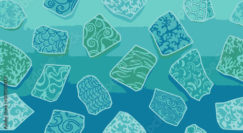 An abstract illustration featuring various patterned blue and teal shards scattered across a gradient background, evoking marine themes.