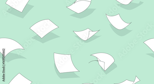 Floating white paper sheets against a light green background, scattered and in motion.