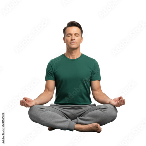 Serene man meditating peacefully with closed eyes radiating calm on transparent stage