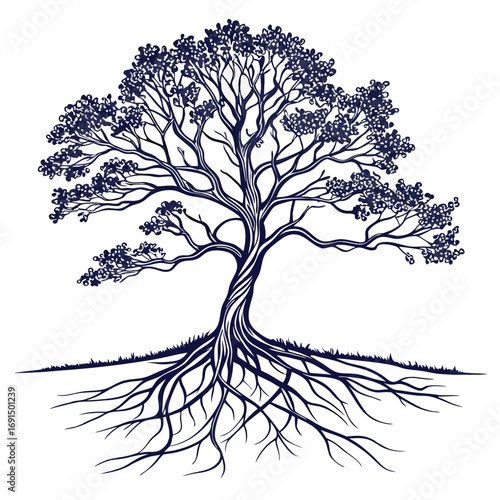 Detailed illustration of a majestic tree with intricate roots and branches.