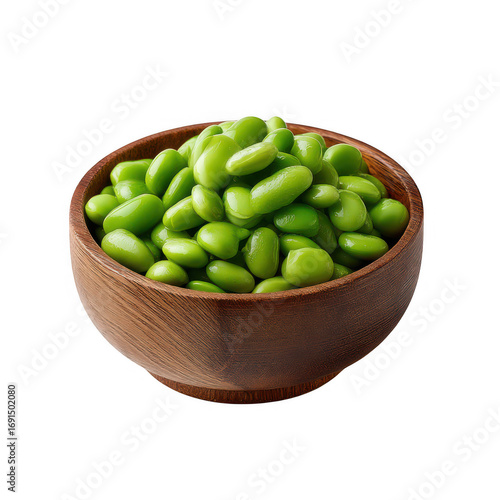 Fresh green edamame beans in a wooden bowl isolated on transparent background