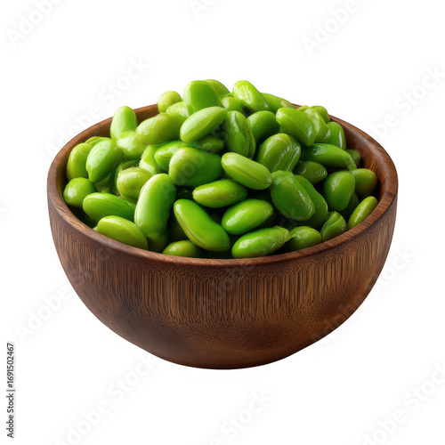 Fresh green edamame beans piled high in a rustic wooden bowl isolated on transparent background