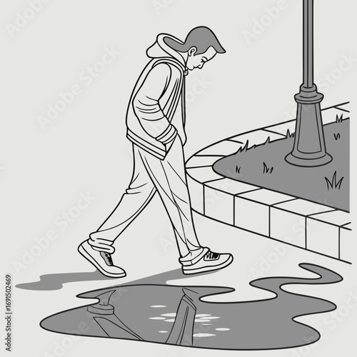 Young man walking alone looking down at a puddle reflection.
