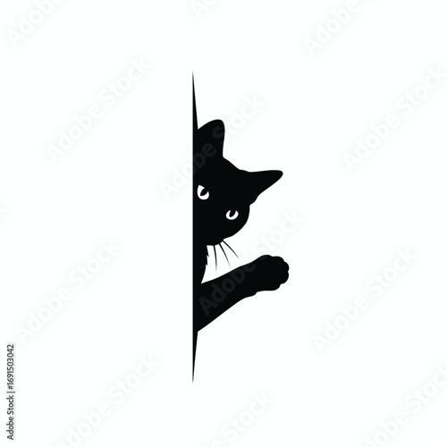 A curious black cat silhouette with white eyes peeking from around a corner.
