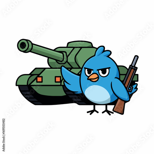 Angry blue bird cartoon character with a rifle standing in front of a green military tank illustration