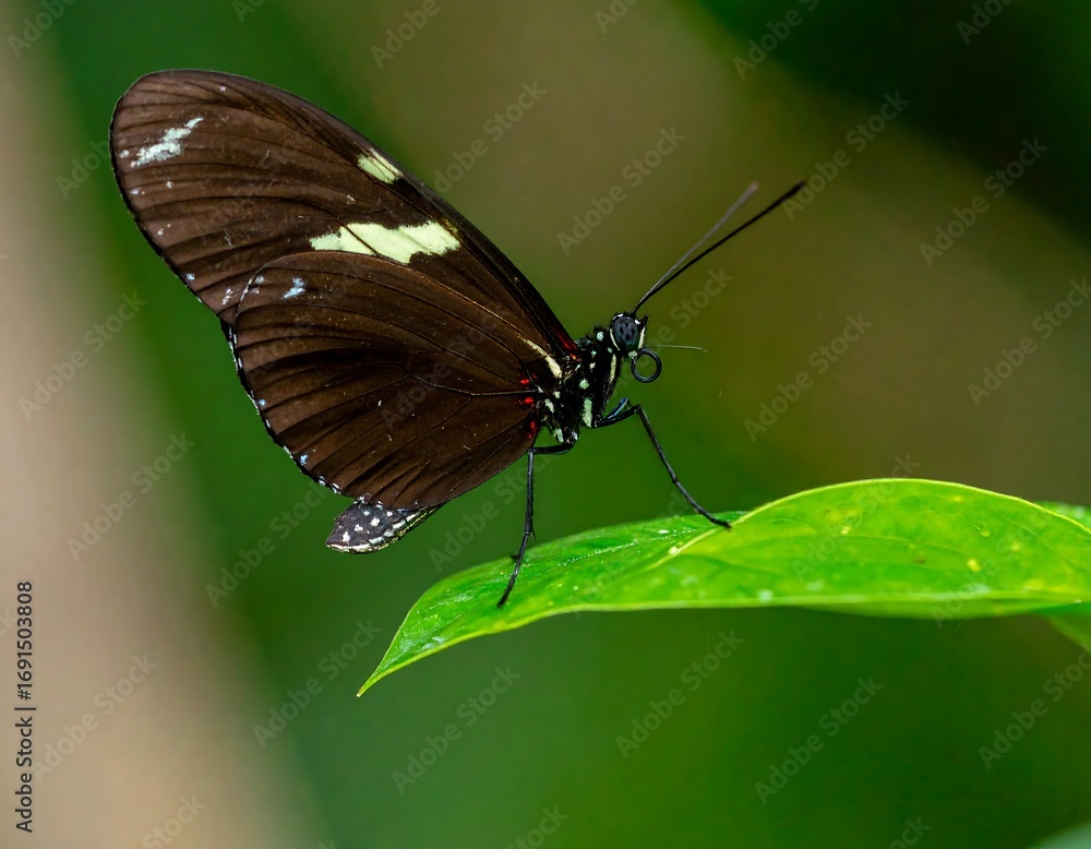 Obraz premium Close-up of a black and white butterfly on a leaf (1)