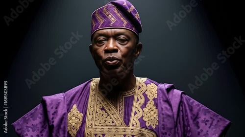African man in traditional purple Agbada attire and cap, regal presentation, cultural heritage, formal portrait, leadership, cultural event, African tradition, ethnic identity. 
