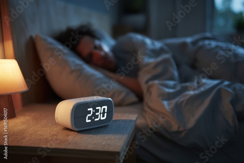 A peaceful bedroom scene at 230 AM with a sleeping person and a bedside alarm clock glowing softly
