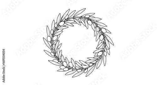 Olive Branch Wreath Circular Frame Line Art Design.