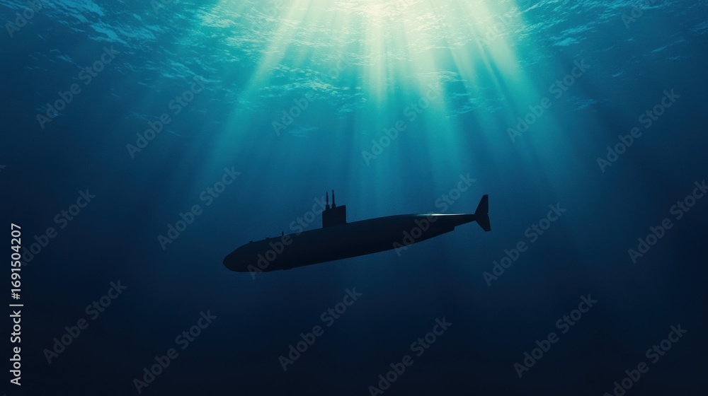 Fototapeta premium Submarine silhouette underwater sunlight