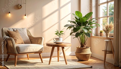 cozy morning coffee with plant in sunlit living room