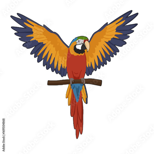 A vibrant macaw with its wings fully spread, perched on a branch, showcasing its colorful plumage