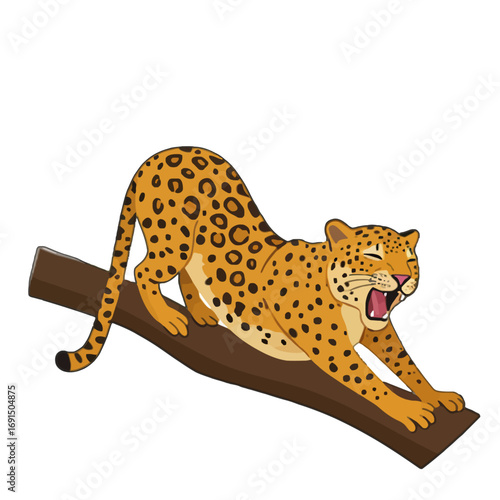 A cute cheetah yawning while resting on a branch. The cheetah is drawn with black spots and orange coat