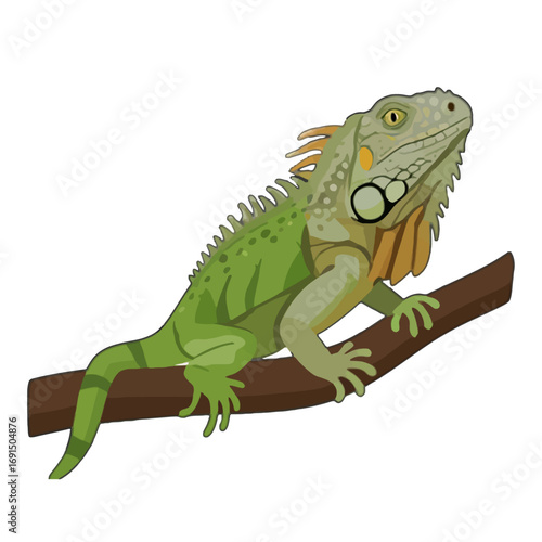 A colorful iguana perched on a branch, showcasing its vibrant scales and detailed features