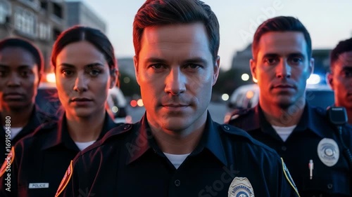 A determined male police officer leads his diverse team of law enforcement professionals on a city street at night, ready for duty.