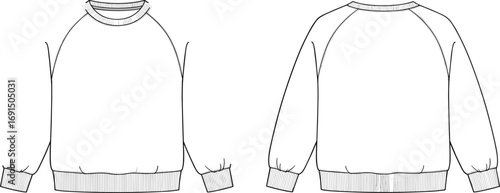 Crewneck sweatshirt flat sketch, fashion technical drawing, raglan sleeve design, garment blueprint, apparel illustration, clothing template, vector outline, manufacturing guide