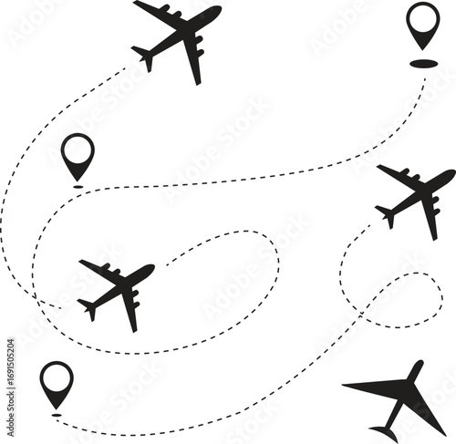 Airplanes Flying on Dashed Lines with Location Pins on White Background flight travel