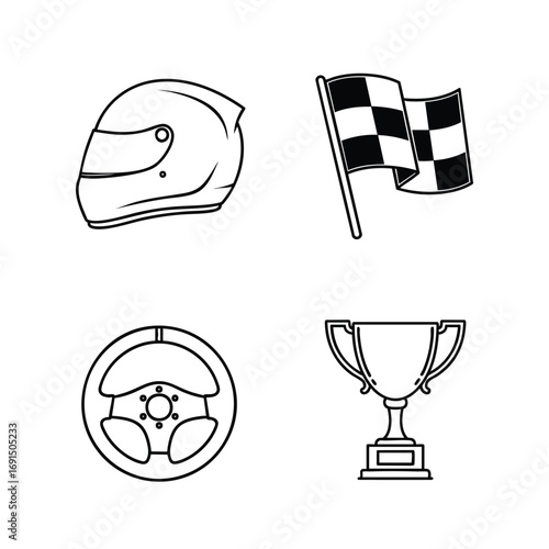 A set of four black and white line art icons representing auto racing symbols.