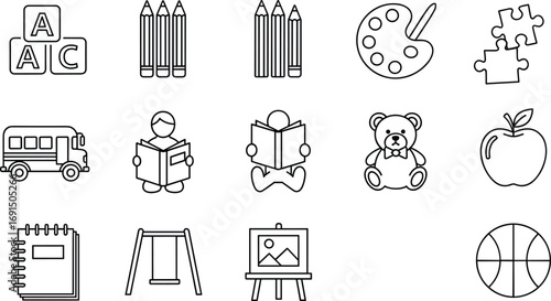Early childhood education icons, preschool learning tools, school supplies, kids activities, reading, art, play, puzzle, swing, bus, apple, notebook