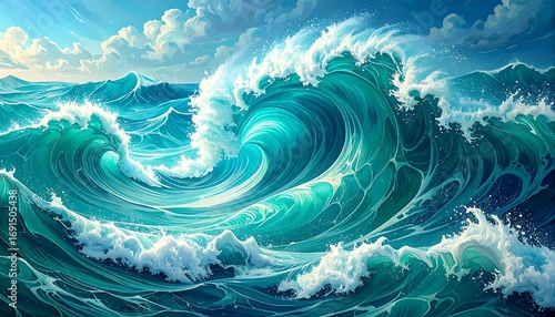 powerful ocean wave breaking under blue sky